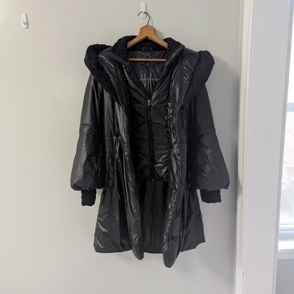 Mackage Black Long Puffer Coat with Knit Trim & Bell Sleeves - Picture 4 of 7